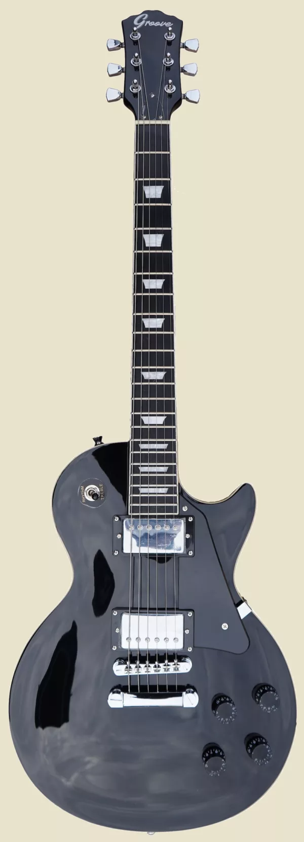 A GROOVE LESPAUL SHAPED ELECTRIC GUITAR SET-NECK COLOR ALL BLACK (CONTROLS AND PICKGUARDS)